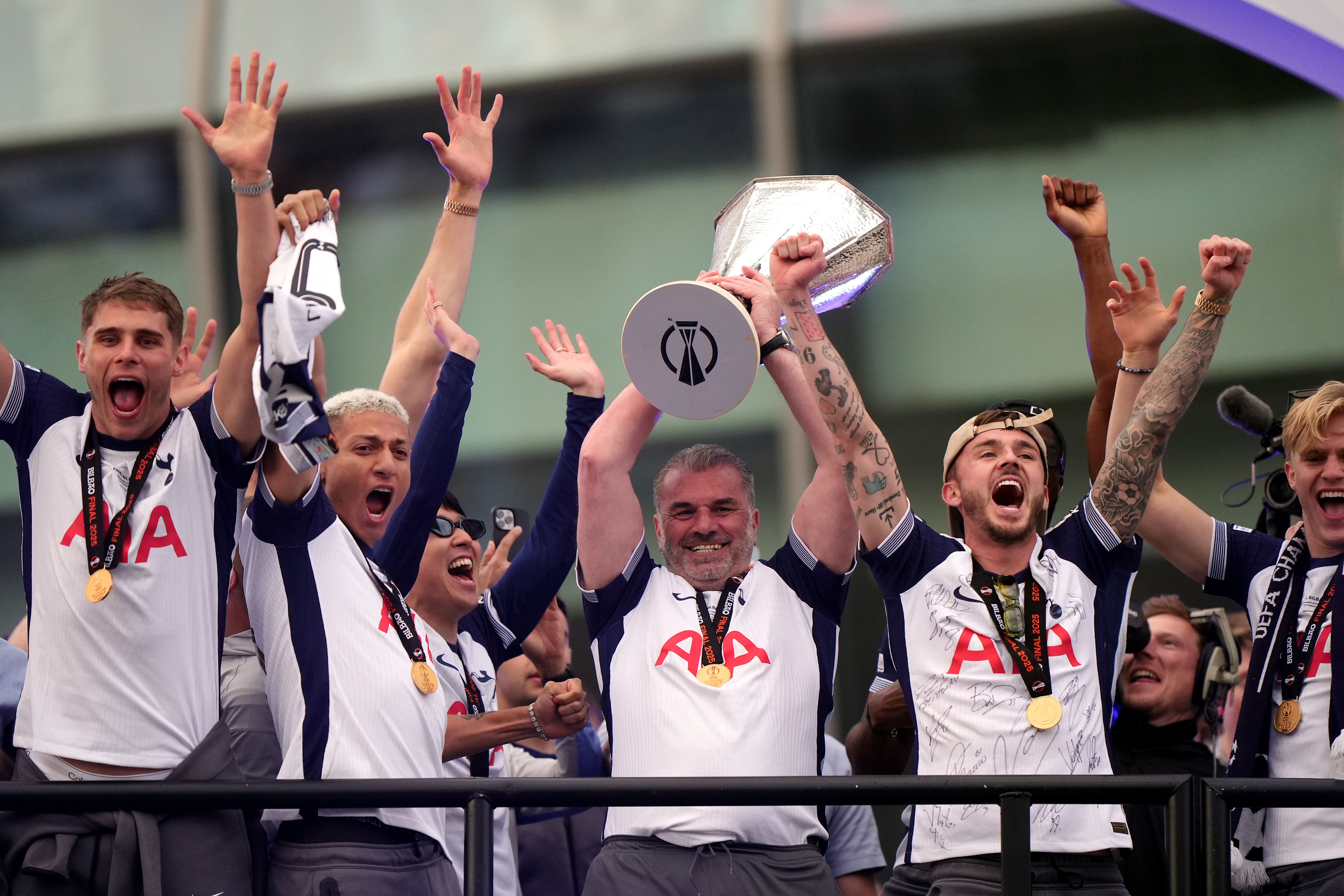 Ange Postecoglou celebrated at Tottenham’s Europa League winners parade (Bradley Collyer/PA)