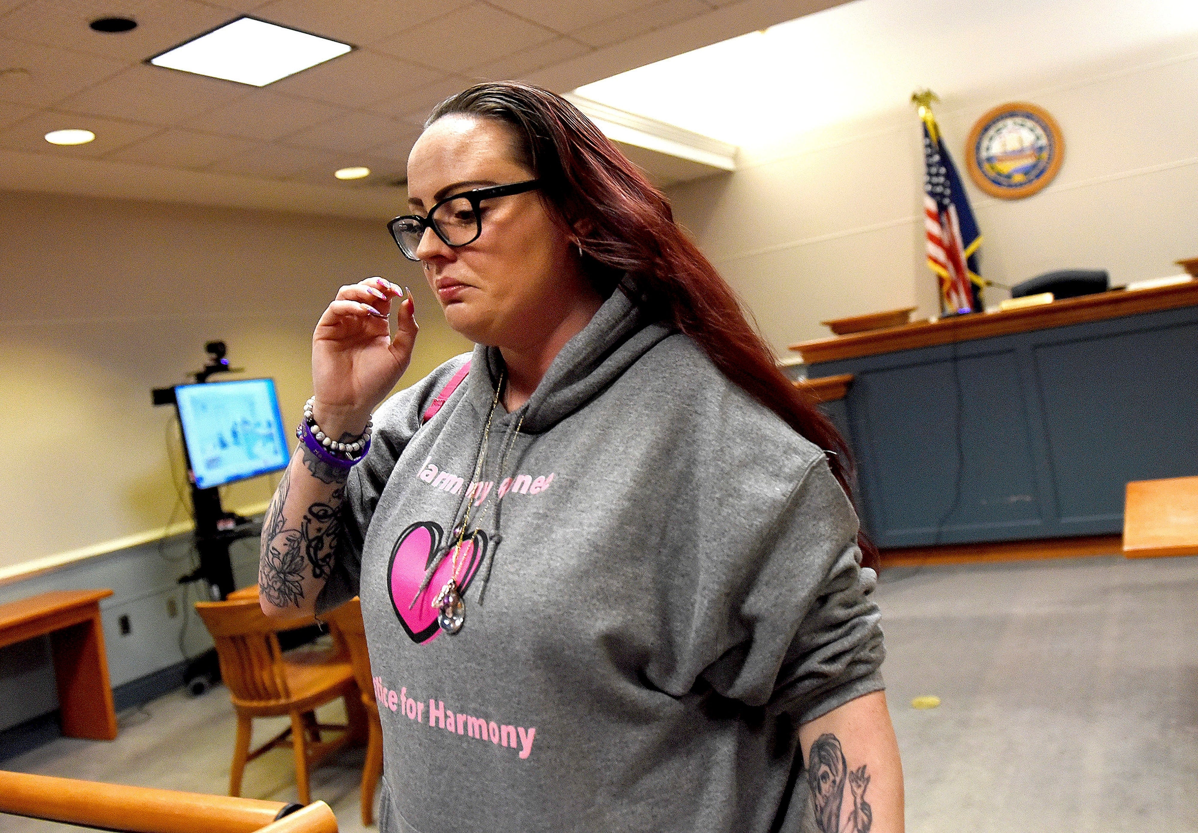 Crystal Sorey, the mother of Harmony Montgomery, leaves court following a probate case hearing at Nashua Circuit Court in March 2024