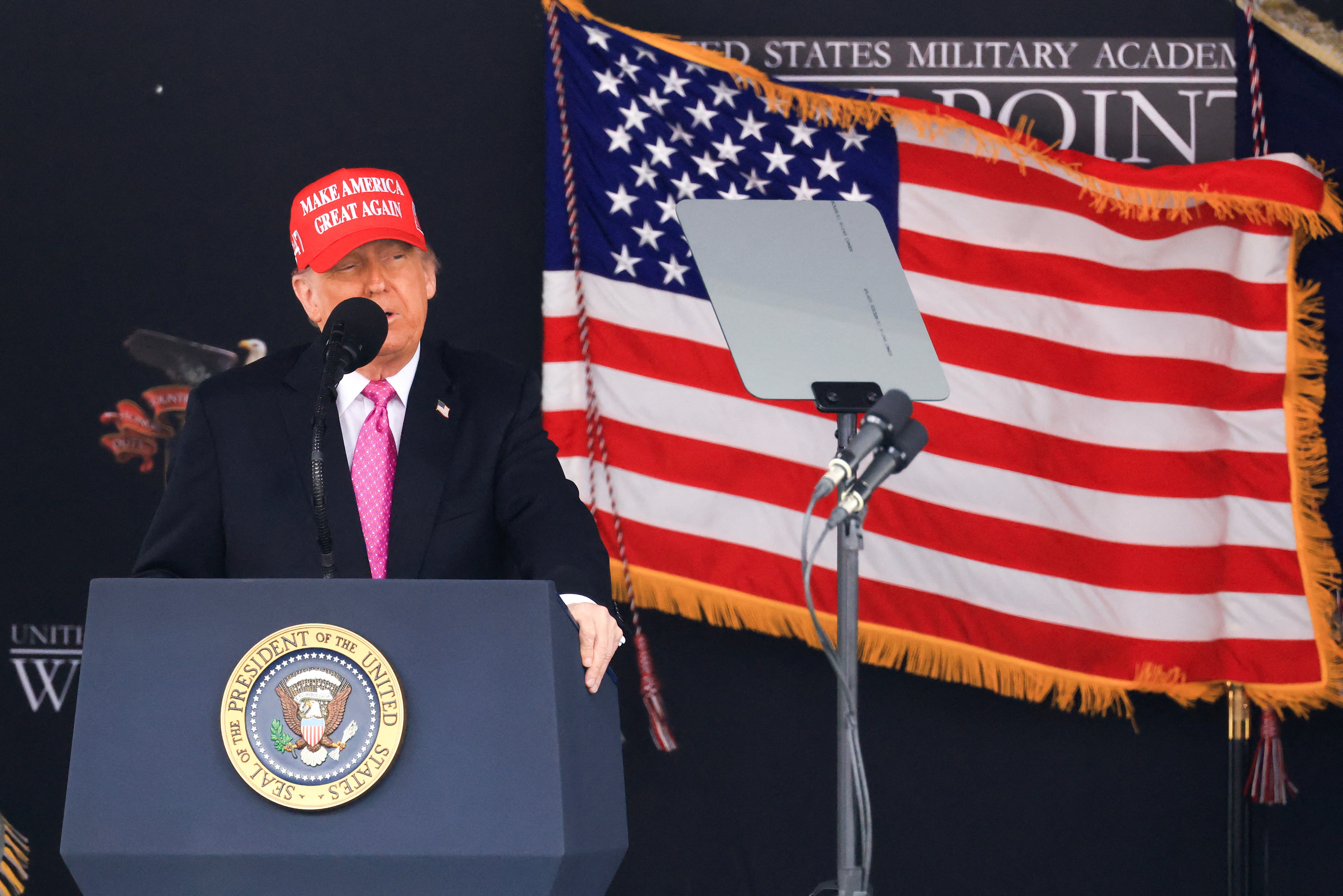 Trump reads from his autocue at West Point. He diverted from his prepared remarks on several occasions