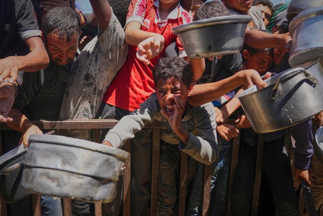 <p>Palestinians line up for an aid distribution site in Khan Younis</p>