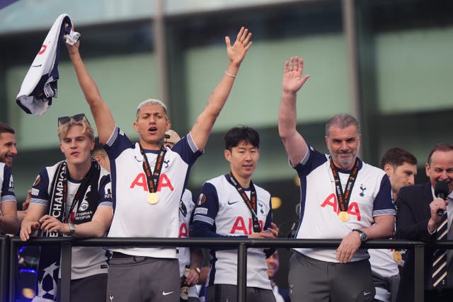 Ange Postecoglou (right) is yet to receive clarity on if he will continue at Tottenham (Bradley Collyer/PA)