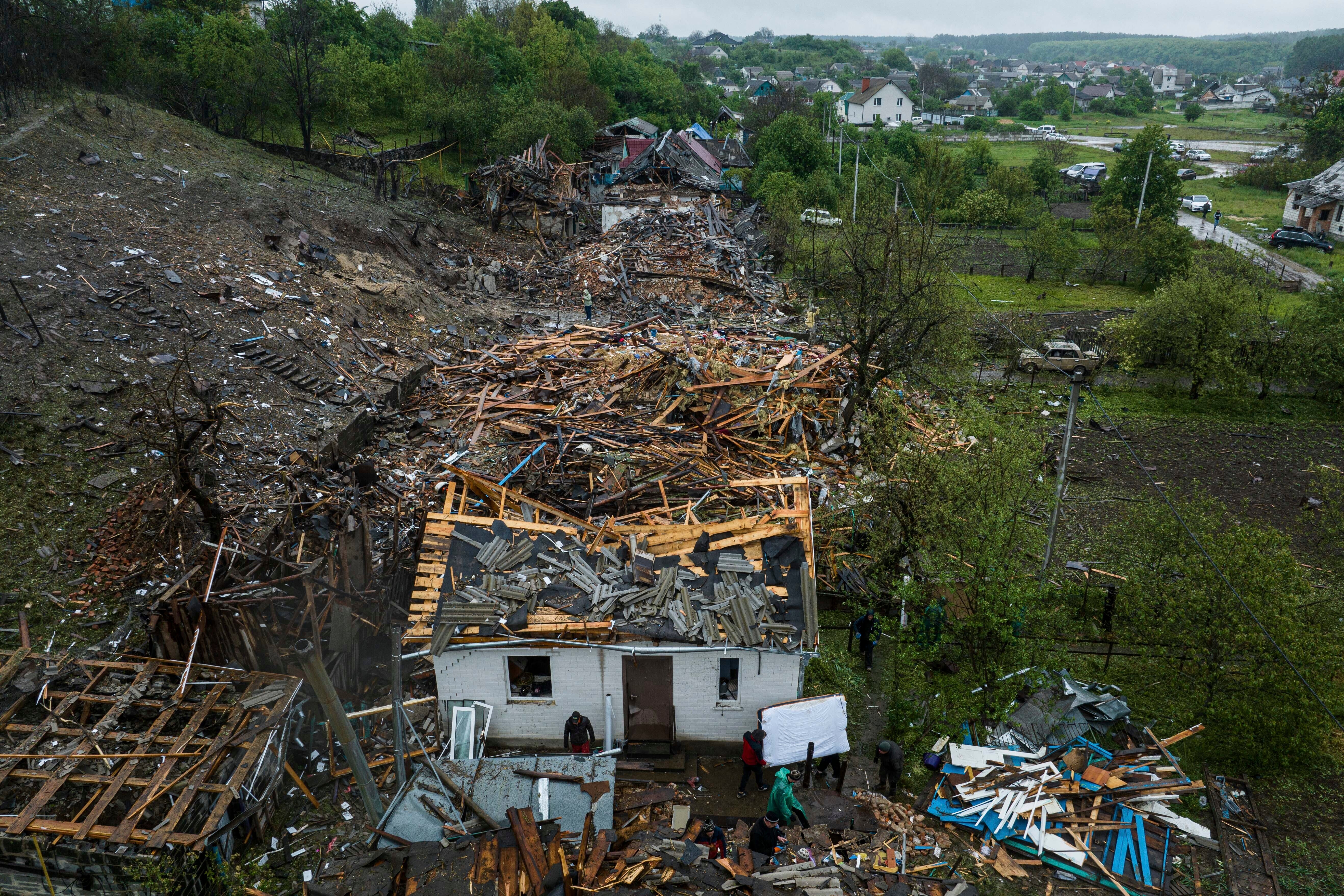 Homes in Korostyshiv, Zhytomyr region, were destroyed after Russia launched the largest aerial strikes of the war