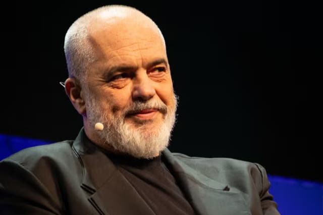 <p>Edi Rama speaking at the Hay Festival</p>