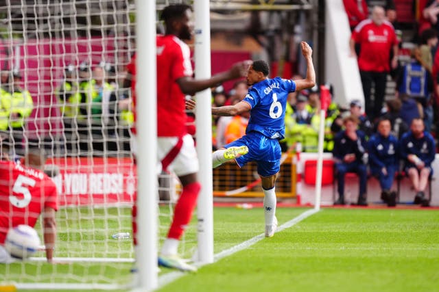 Chelsea’s Levi Colwill celebrates scoring the opening goal during the Premier League match at the City Ground, Nottingham. Picture date: Sunday May 25, 2025.