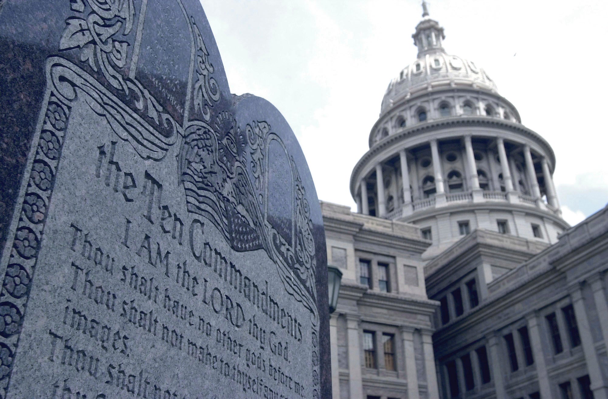 A 5-foot tall stone slab bearing the Ten Commandments stands near the Capitol in Austin, Texas. Lawmakers have now approved legislation requiring the text in every classroom