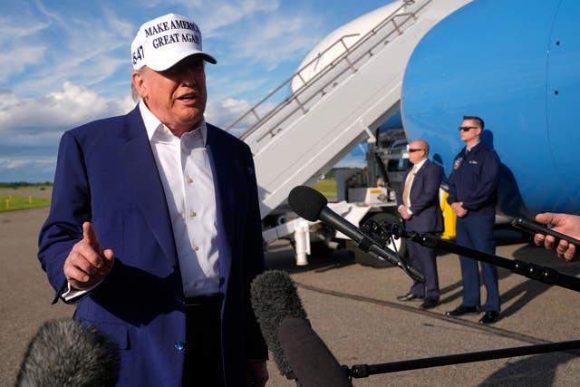 <p>President Donald Trump speaks to reporters before boarding Air Force One. Trump won't place a 50 percent tariff on EU goods until July 9, he announced today</p>