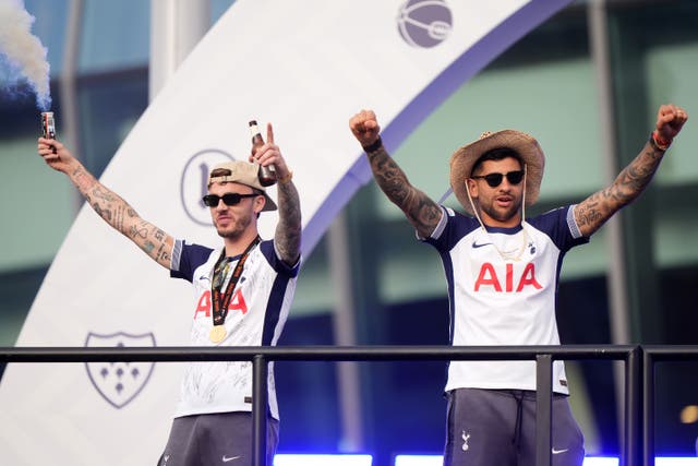 Cristian Romero during Tottenham’s open-top bus parade on Friday night (Bradley Collyer/PA)