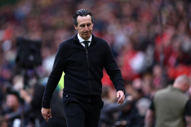<p>Unai Emery, manager of Aston Villa, wears a grim expression following the team’s defeat at Man Utd</p>