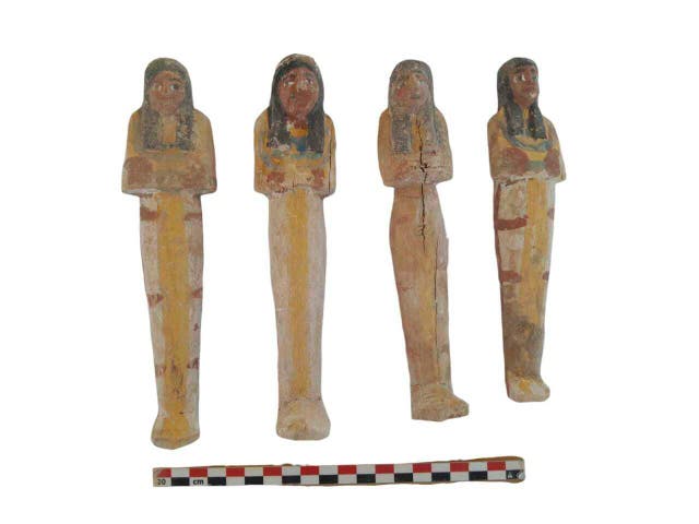 <p>Artifacts are displayed that were found in the three new graves of senior statesmen found in the Dra' Abu al-Naga necropolis area in Luxor, Egypt</p>