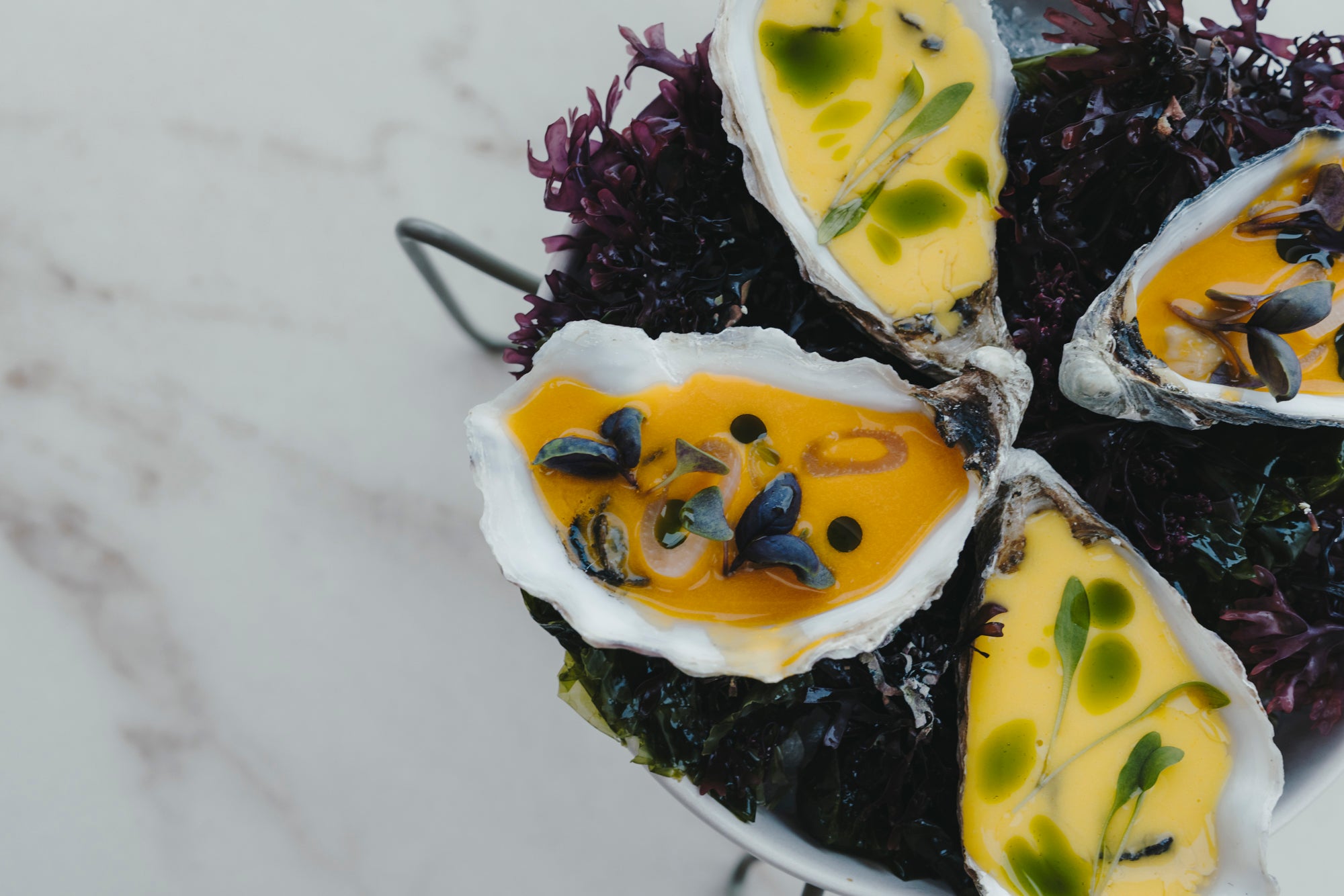 Oysters with spicy pepper and coriander dressing are among the many delicacies served at Benito Gómez’s Dalmar restaurant