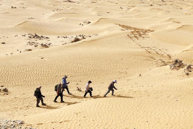 <p>Members of the desert investigation team of the fourth national census of cultural relics hike in the Taklamakan Desert, Xinjiang Uygur autonomous region</p>