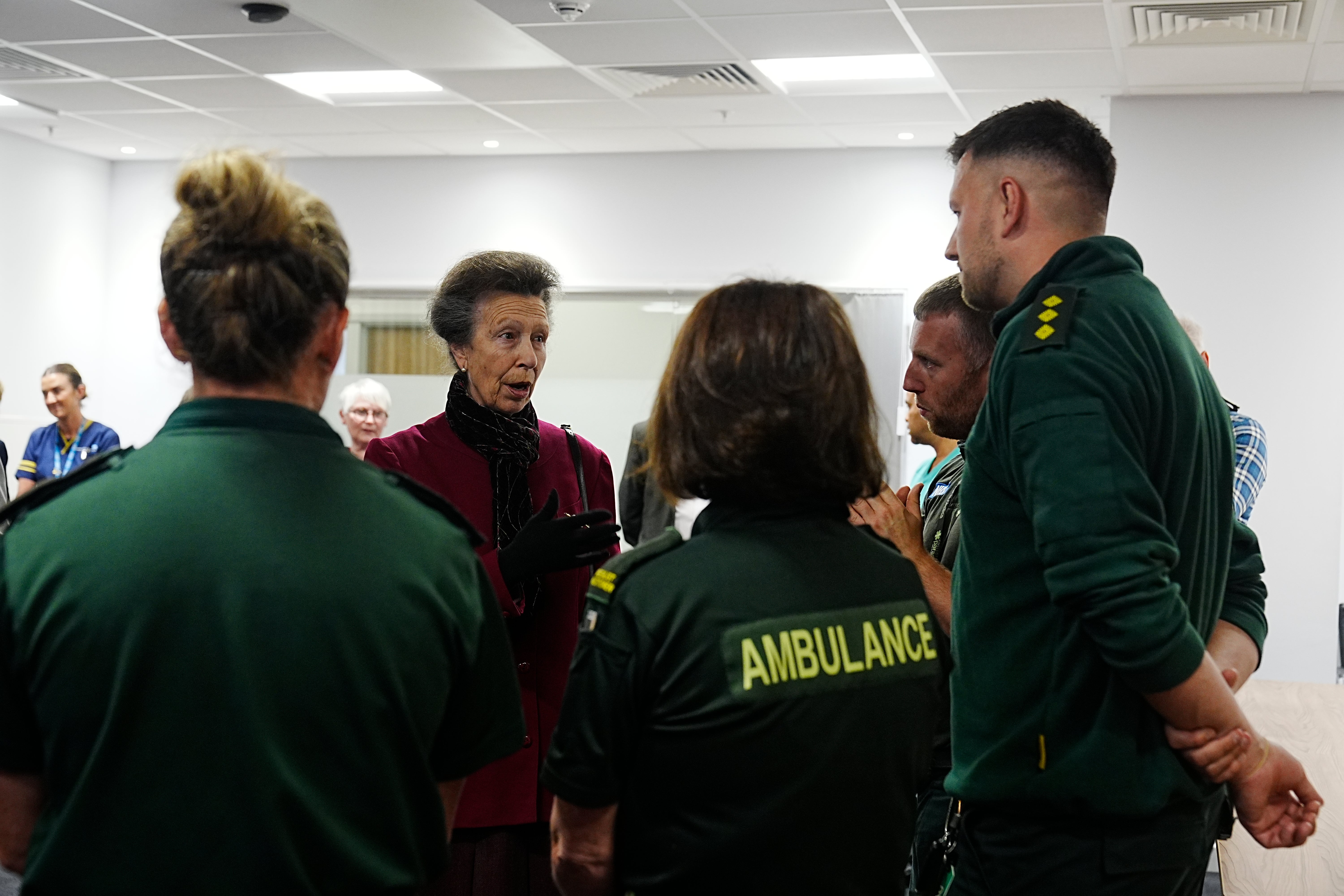 The Princess Royal meets with members of the North West Ambulance Service (NWAS) team during a visit to the Royal Liverpool University Hospital