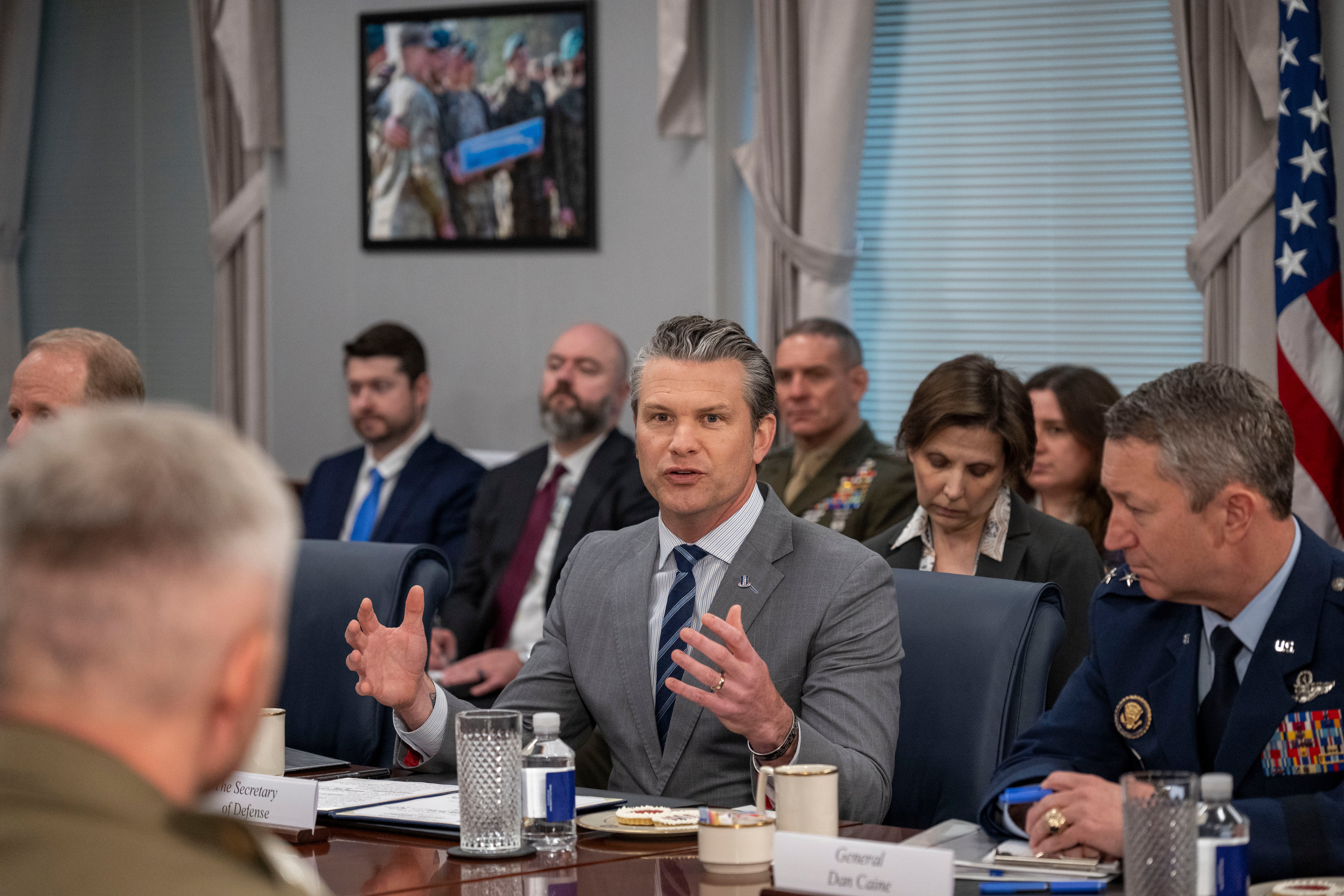 Defense Secretary Pete Hegseth speaks during a meeting with Polish Deputy Prime Minister and Minister of Defense Wladyslaw Kosiniak-Kamysz at the Pentagon, Tuesday, May 27, 2025 in Washington