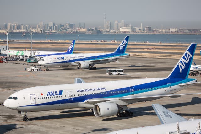<p>An aircraft of All Nippon Airways (ANA) on the tarmac at Tokyo's Haneda Airport</p>