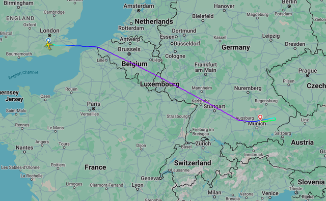 <p>Short hop: Flight path of easyJet's flight from London Gatwick to Sharm el Sheikh, which diverted to Munich</p>