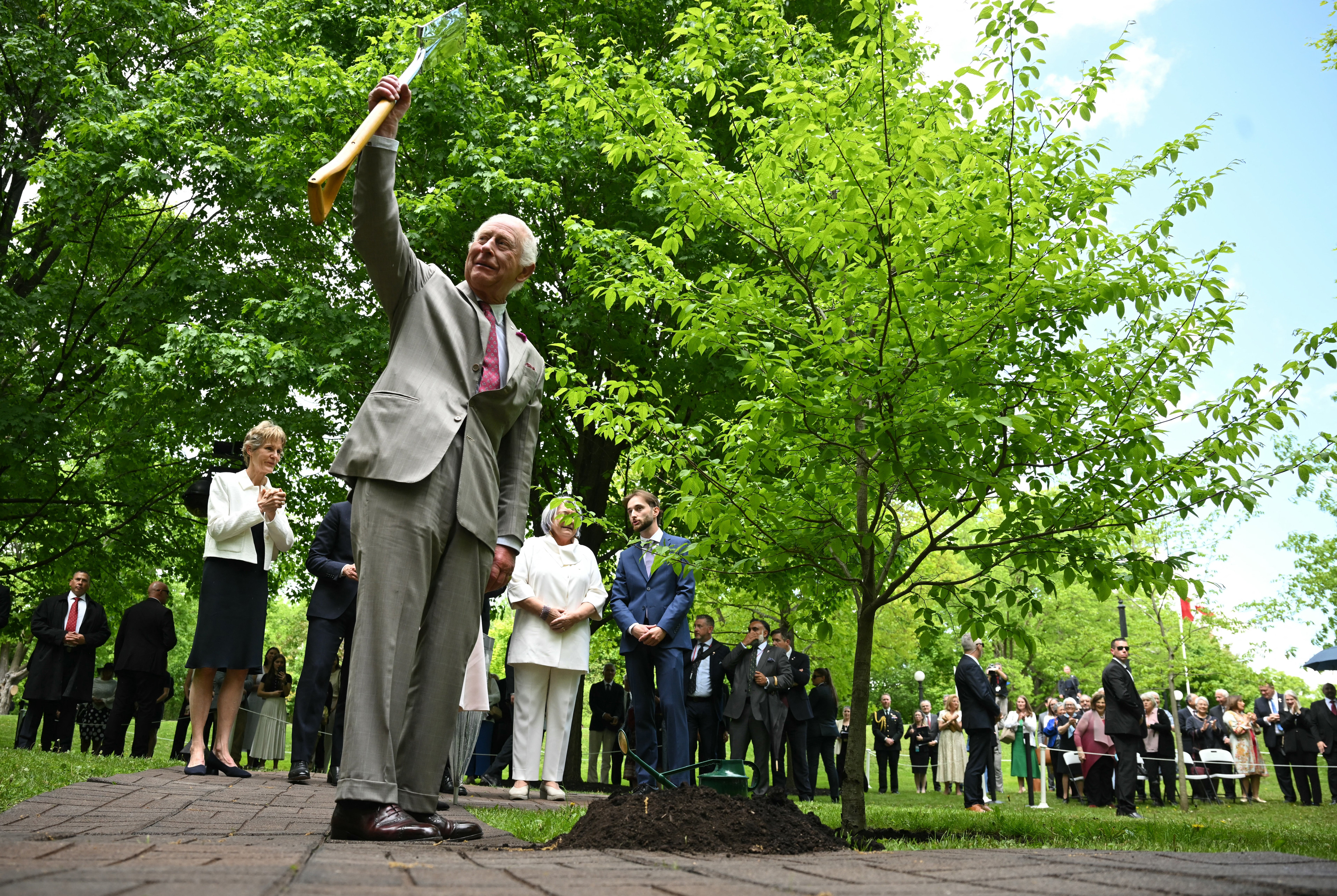 King Charles raises a shovel after a ceremonial tree planting