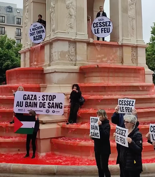Blood-red water pours down Paris fountain in pro-Palestine protest