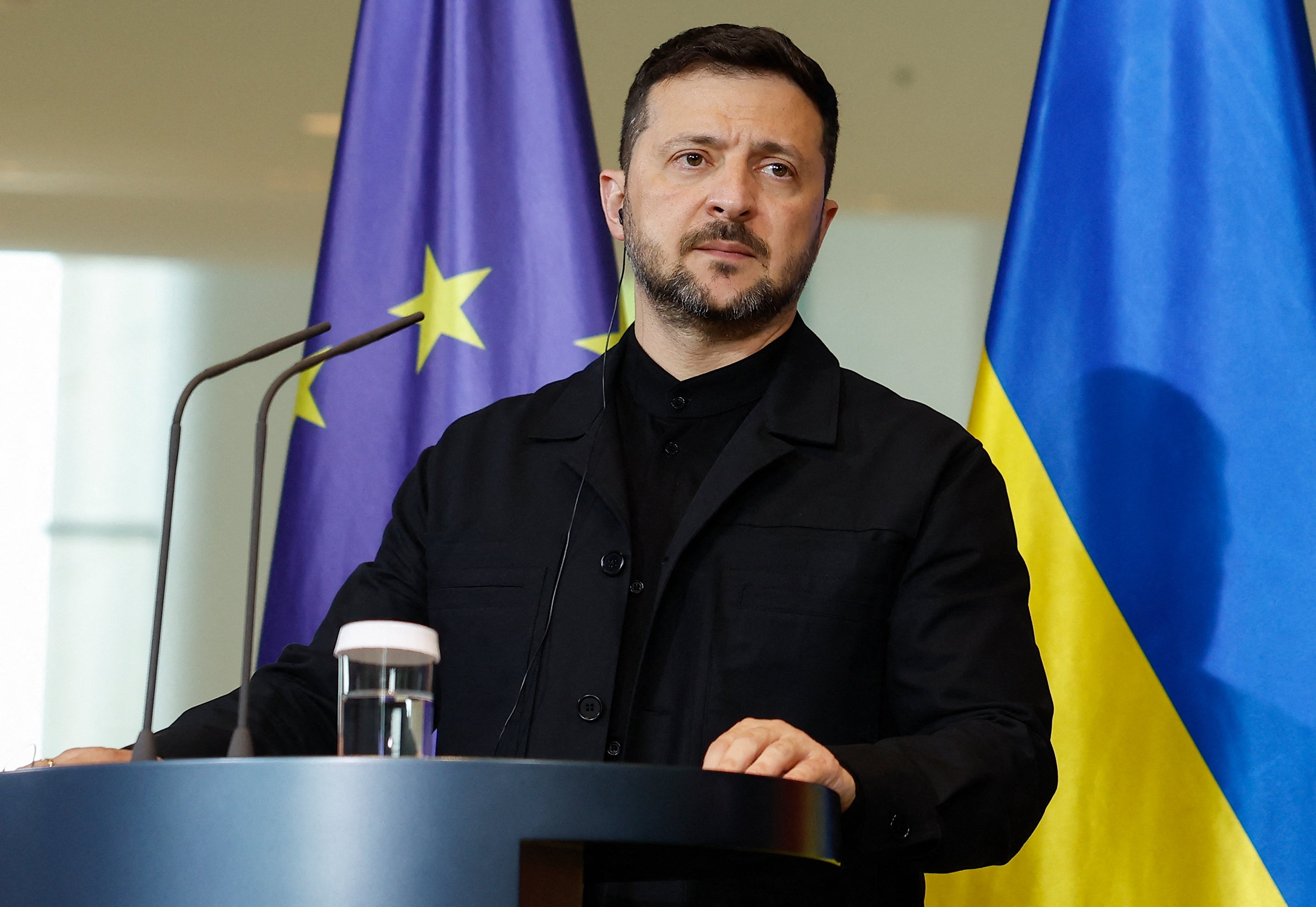 Ukrainian president Volodymyr Zelensky gives a joint press conference with the German Chancellor in Berlin