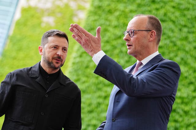<p>Volodymyr Zelensky is welcomed in Berlin by Germany’s chancellor, Friedrich Merz</p>