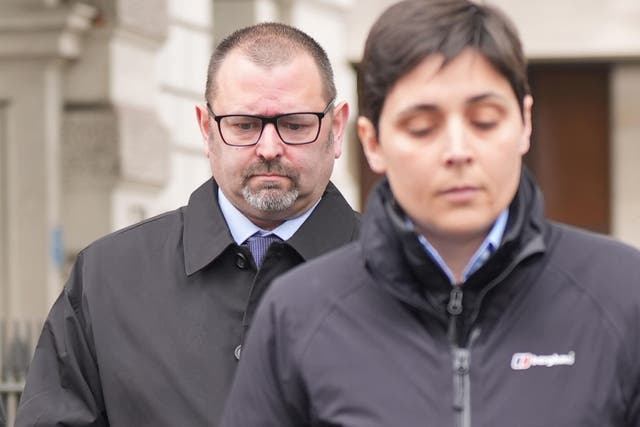 <p>Sussex Police officers Pc Stephen Smith (left) and Pc Rachel Comotto (right) leave Westminster Magistrates’ Court, London</p>
