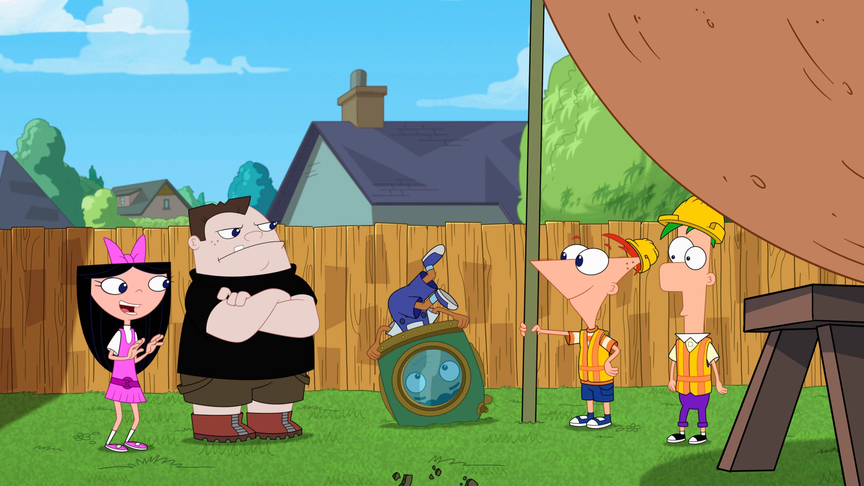From left: Isabella, Buford, Baljeet, Phineas and Ferb