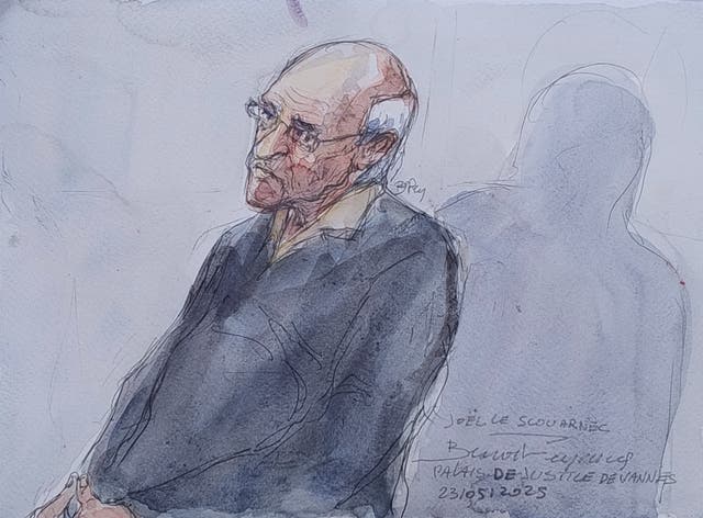 <p>A court sketch of retired surgeon Joel Le Scouarnec listening during his trial</p>