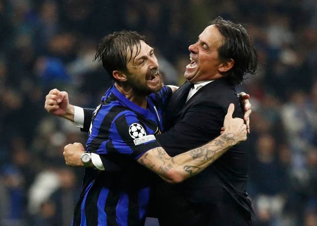 <p>Internazionale’s Francesco Acerbi and coach Simone Inzaghi celebrate after qualifying for the Champions League final</p>