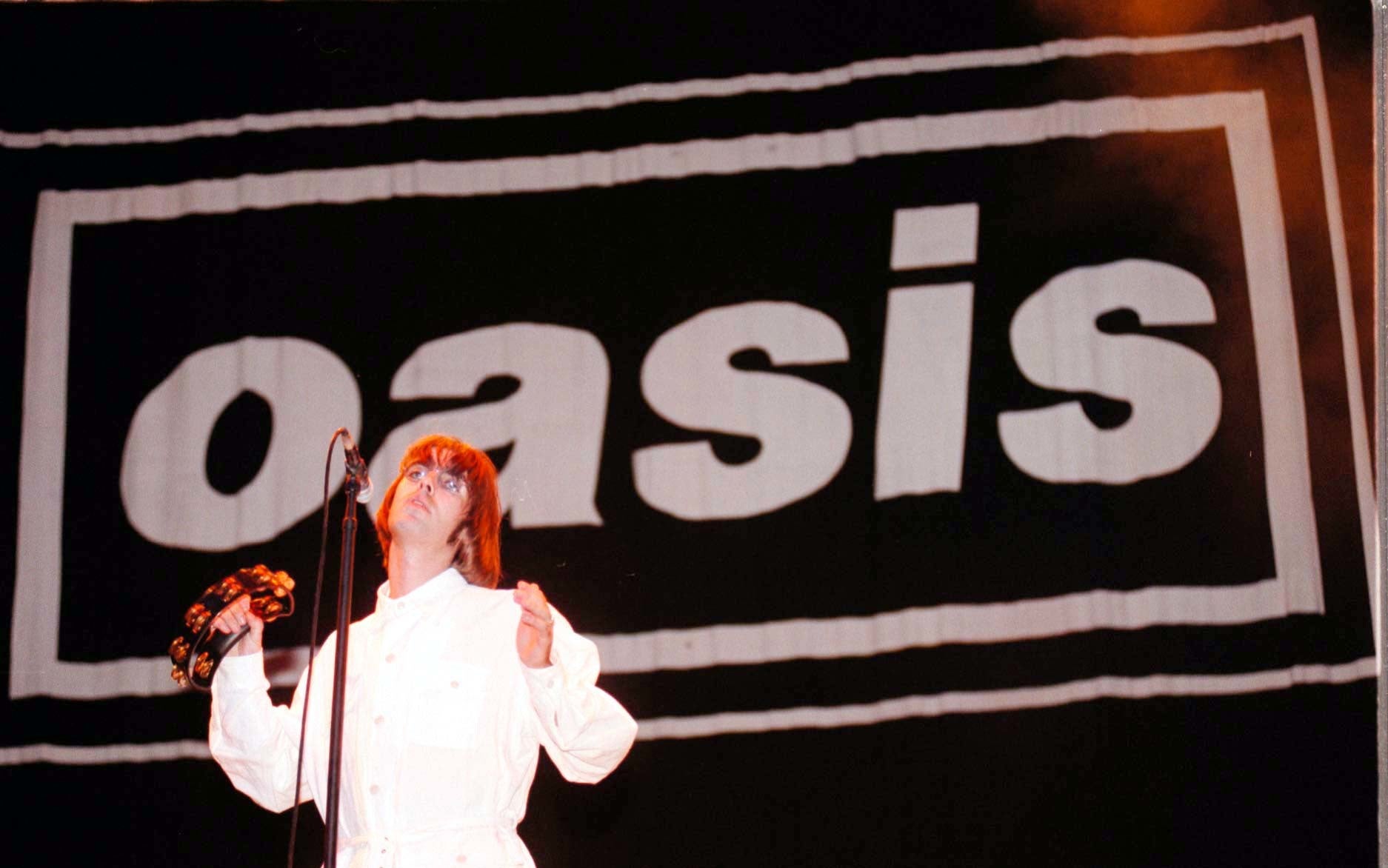 Liam Gallagher on stage at Knebworth House in 1996