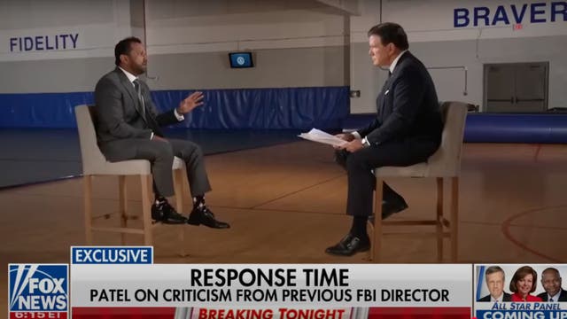 <p>Kash Patel faced savage mockery on social media after appearing on Fox News in a big chair that made him appear child-sized</p>