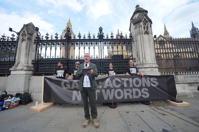 Steve Coogan reads the names of children who have died in Gaza (Yui Mok/PA)