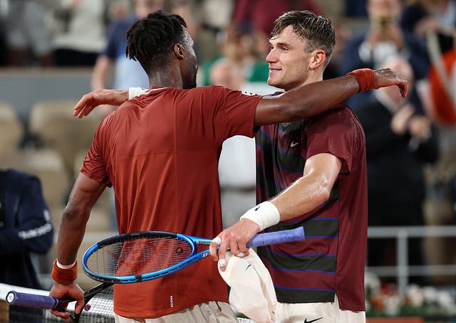 <p>Jack Draper and Gael Monfils embrace after a classic French Open match</p>