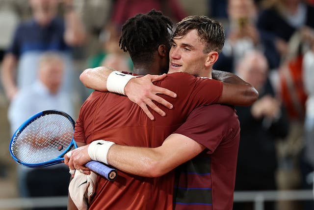 <p>Jack Draper and Gael Monfils meet at the net after the 6-3 4-6 6-3 7-5 </p>