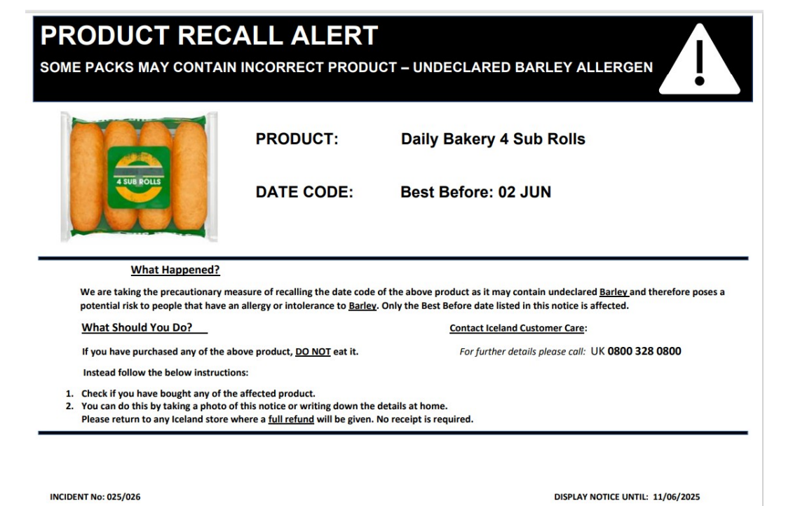 A recall notice will be displayed in the shops for the next two weeks
