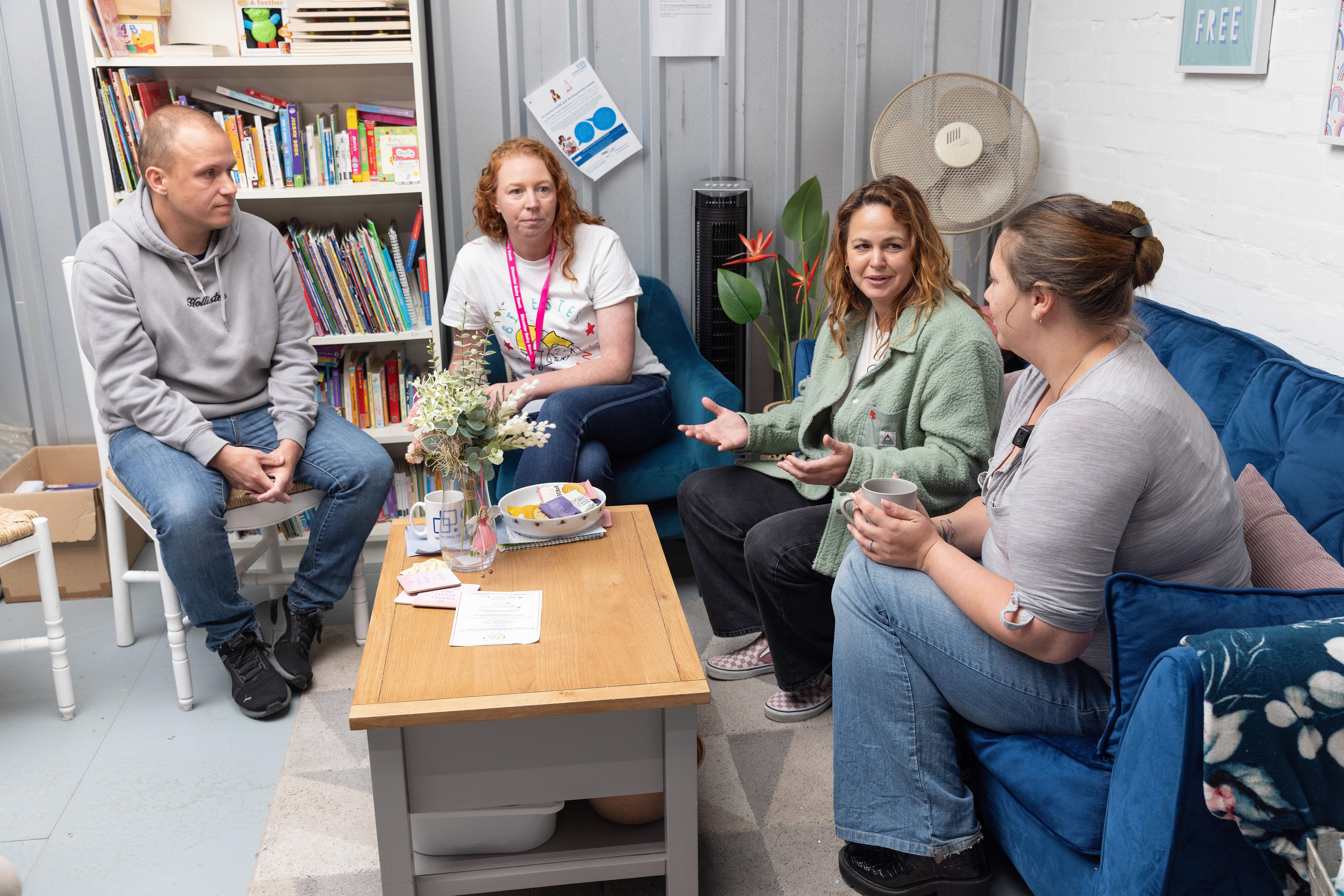 (Left to right) Adam Coggins, a father of two, Sam, a mother of one, Giovanna Fletcher, and Kirsty-Louise Fulford, a mother of two, speak at Bicester Baby Bank