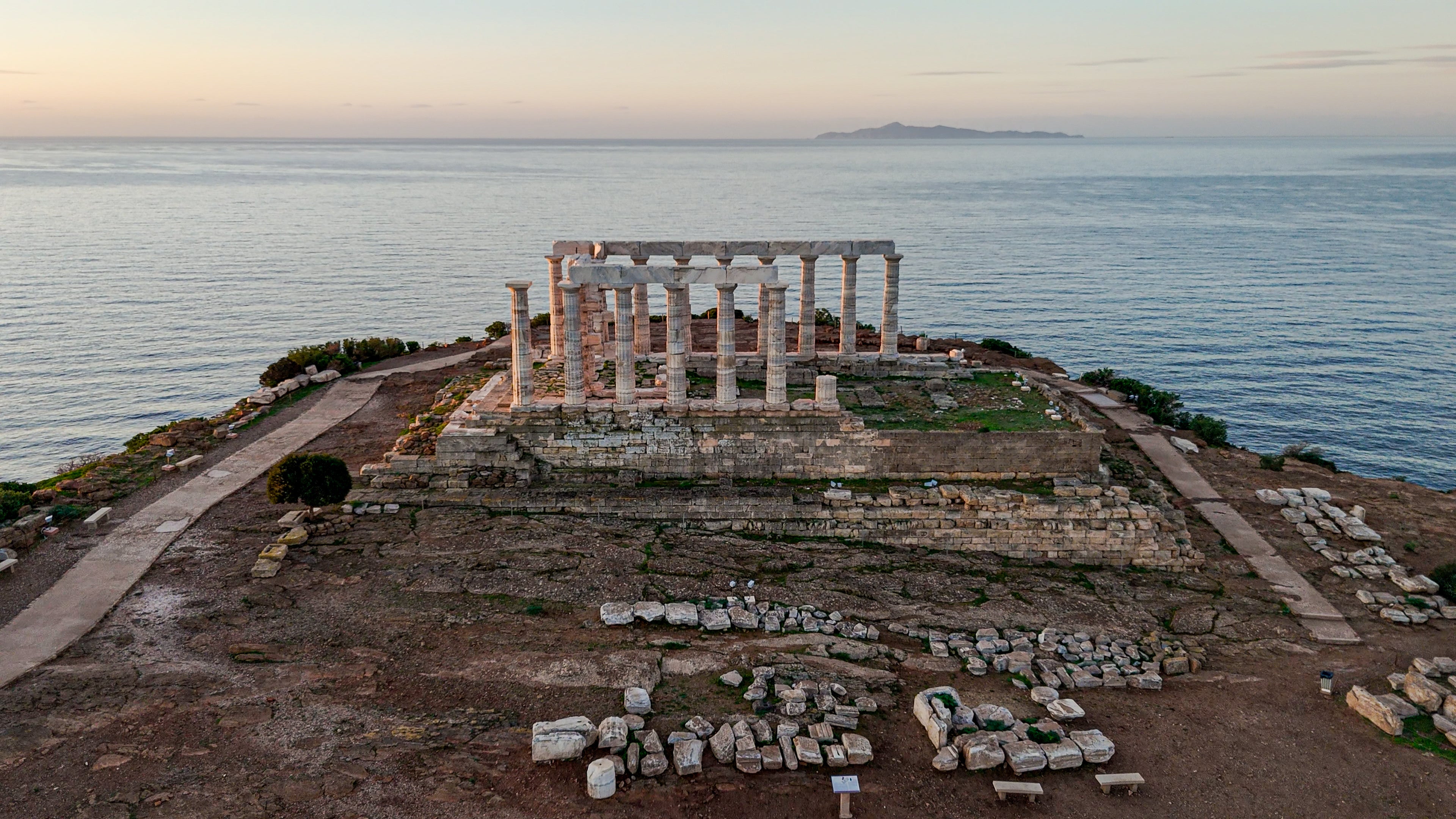 Built in the 5th century BCE, the Temple of Poseidon is located at Cape Sounion along the Athens Riviera