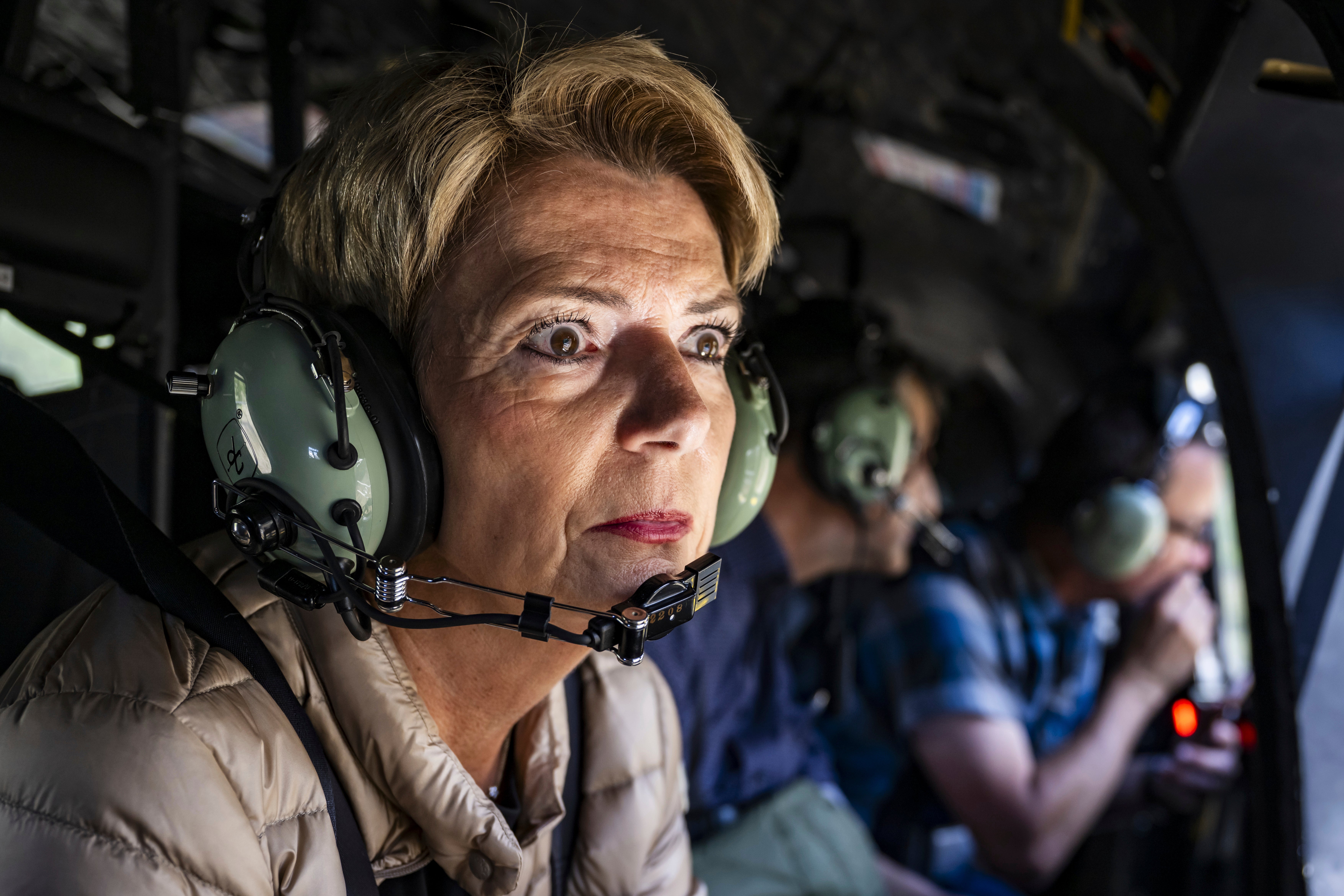 From a helicopter, Swiss federal president Karin Keller-Sutter observes the damage caused by the catastrophic landslide destroying the village of Blatten in Switzerland