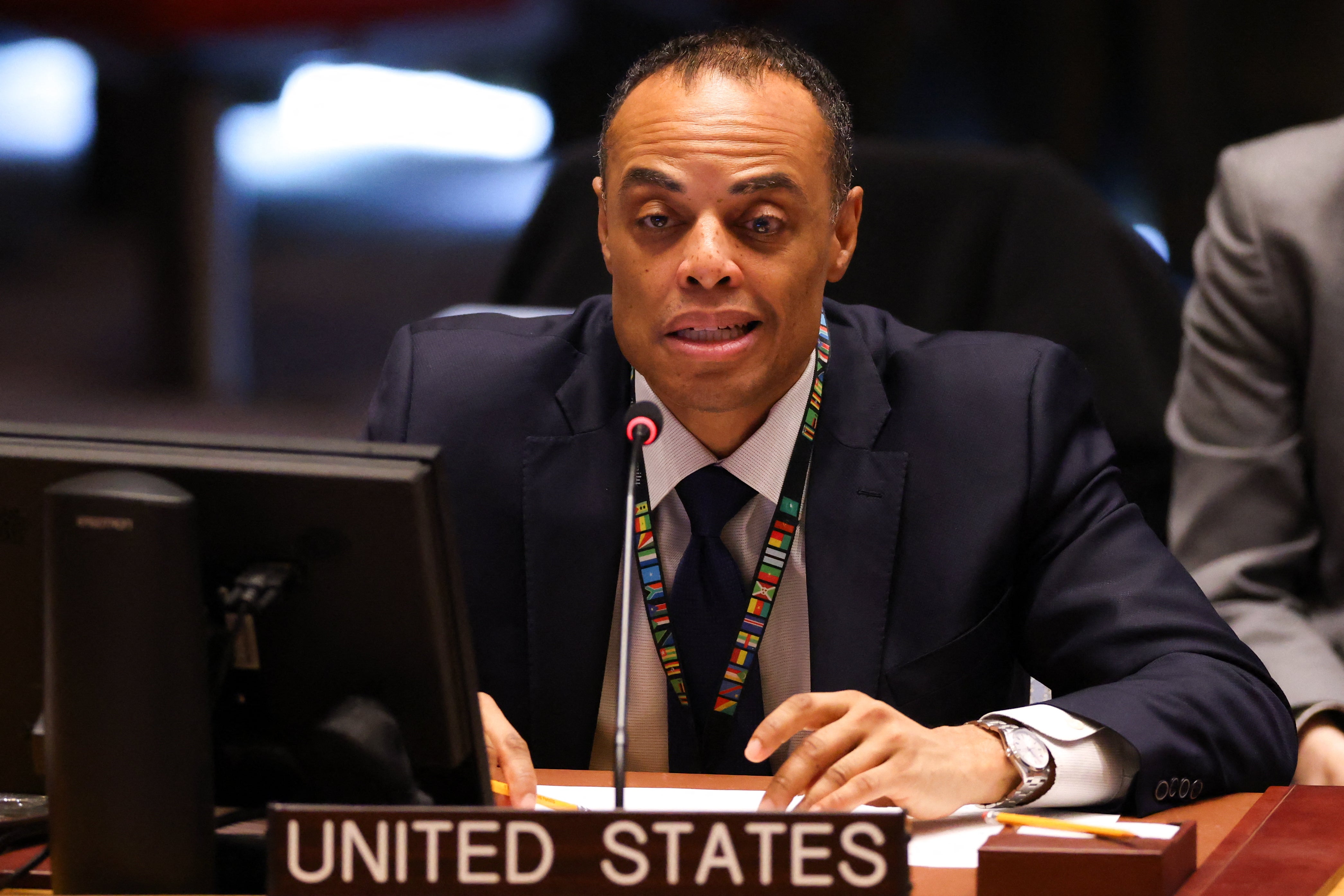 US deputy ambassador John Kelley speaks during a United Nations Security Council meeting on Ukraine at the UN headquarters in New York City