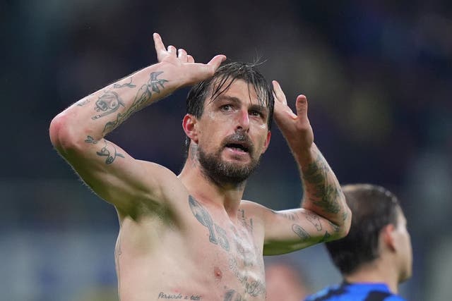 <p>Francesco Acerbi celebrates after scoring Inter's crucial semi-final goal</p>