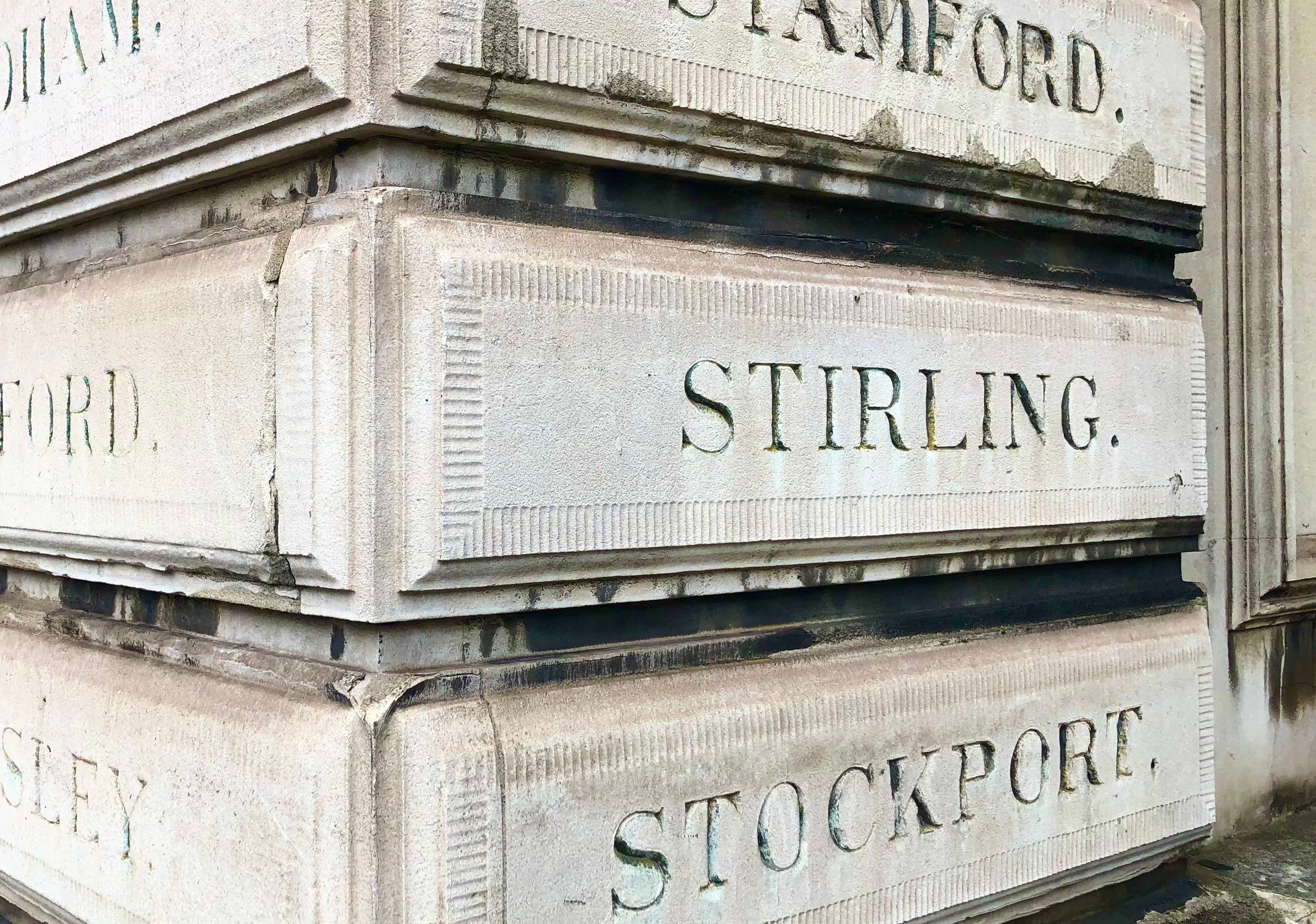 Departing soon: Engraving on a column outside London Euston station listing destinations served