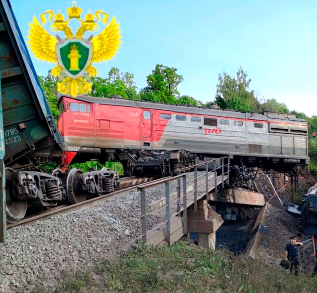 <p>A damaged bridge after the crash of a freight train in Russia's Kursk region, which borders Ukraine</p>