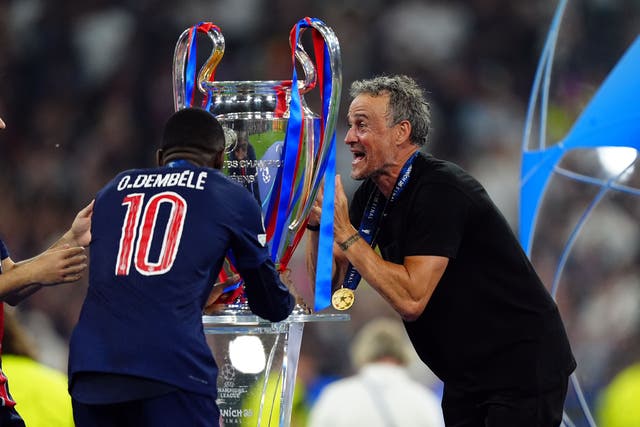 <p>Luis Enrique, right, with Ousmane Dembele after Paris St Germain’s Champions League success over Inter Milan (Mike Egerton/PA)</p>