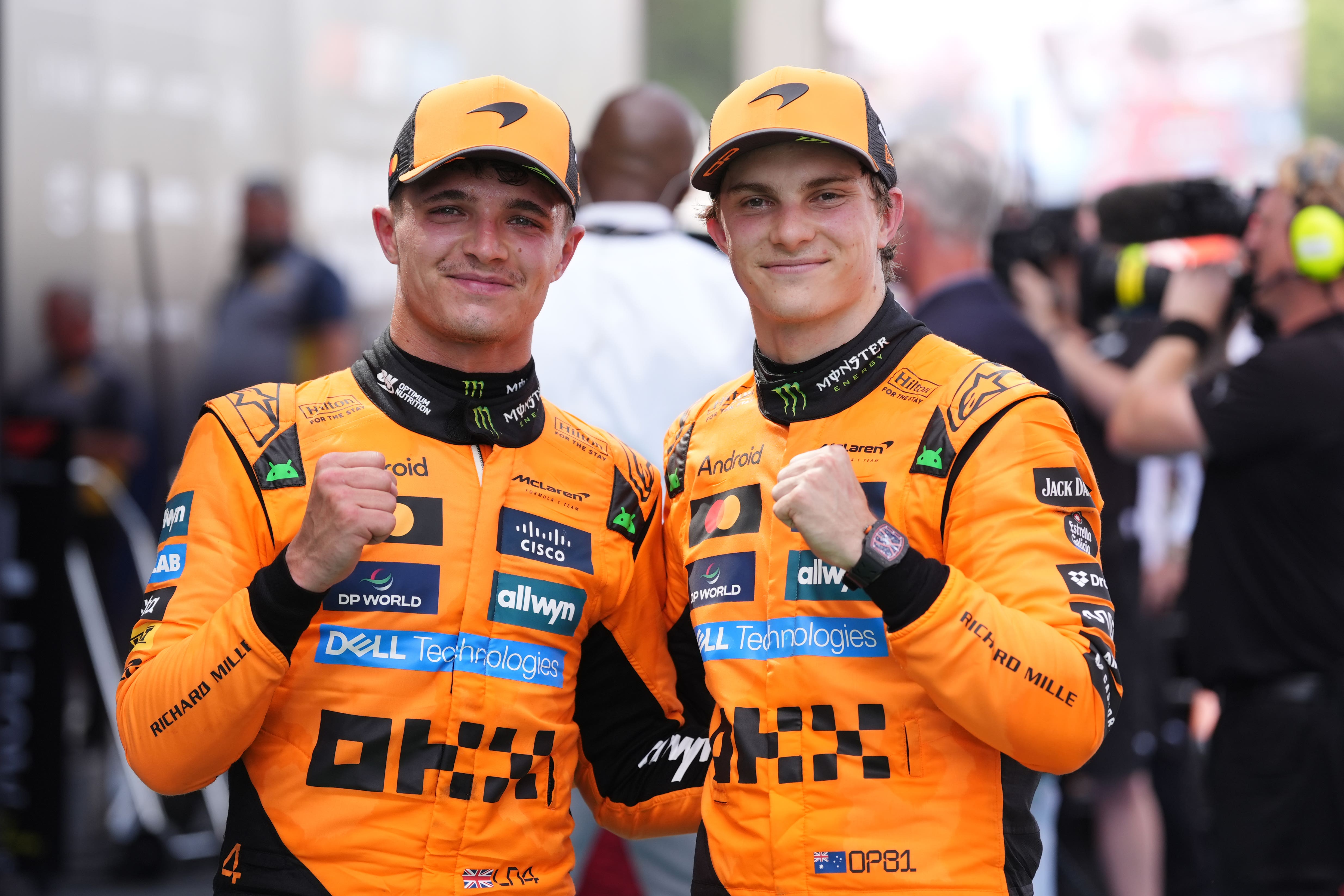 Lando Norris, left, and Oscar Piastri in Barcelona after the Grand Prix on Sunday