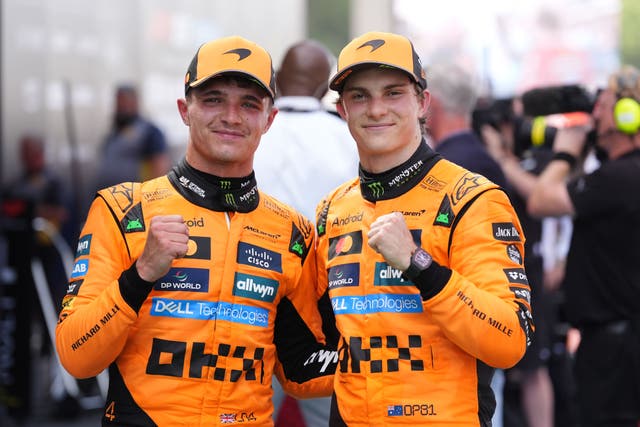 <p>McLaren’s Oscar Piastri (right) and team-mate Lando Norris after finishing first and second in Barcelona</p>