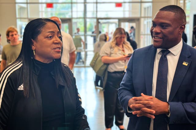 <p>Tulsa Mayor Monroe Nichols speaks with North Tulsa resident Rose Hardwick on Thursday, May 22, 2025, as part of a series of ‘community conversations’ the first-term mayor had across the city</p>