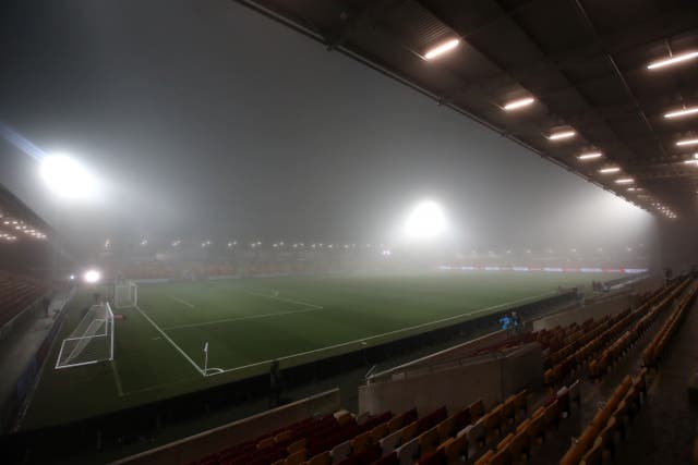 Thick fog hangs over the stadium prior to the Emirates FA Cup second round match at the LNER Community Stadium, York. Picture date: Friday December 1, 2023.