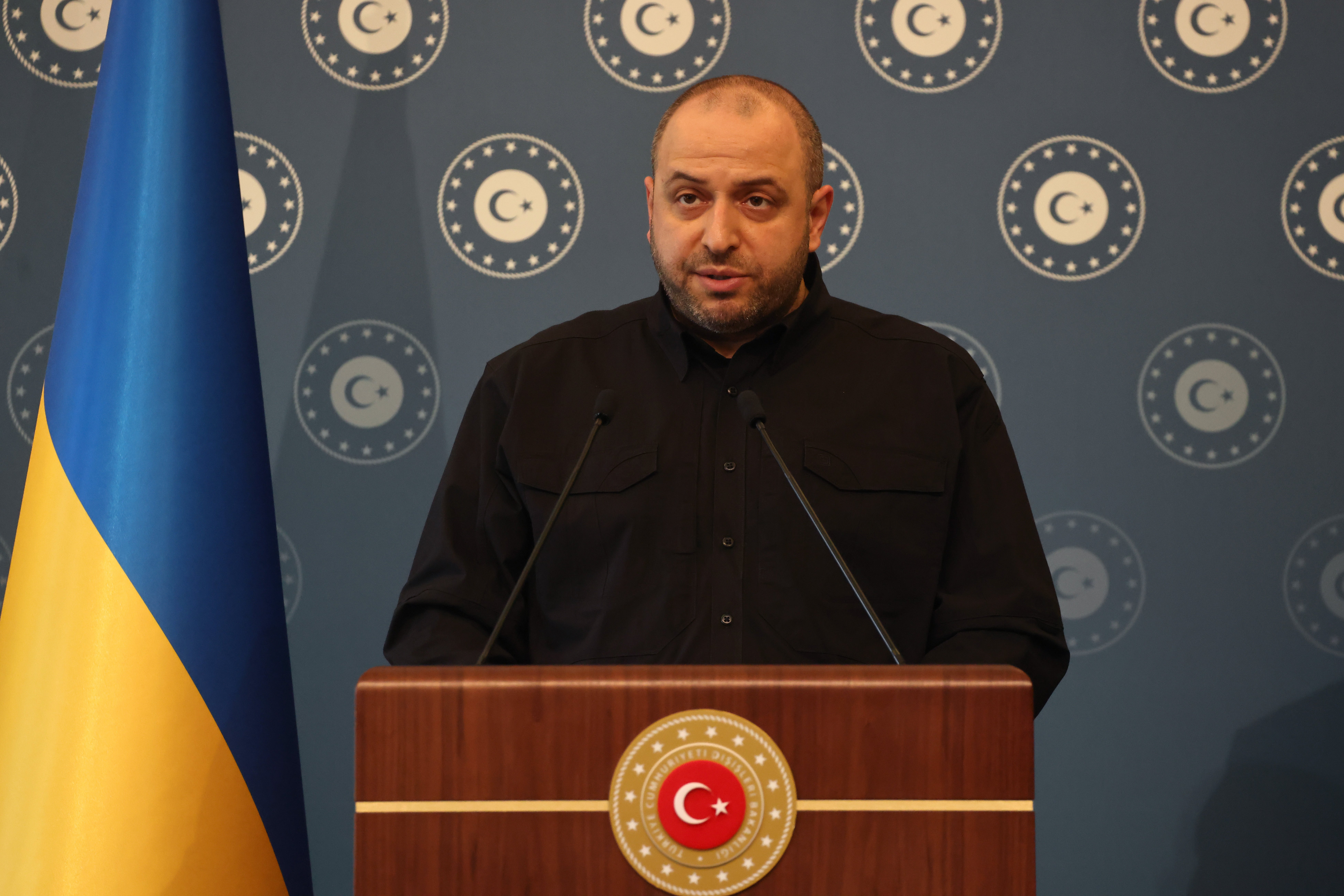 Ukrainian minister of defence Rustem Umerov speaks to the media after the second round of Ukraine-Russia peace talks at the Ciragan Palace in Istanbul