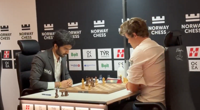 <p>Gukesh Dommaraju (left) defeated Magnus Carlsen in round 6 of the Norway Chess 2025 tournament</p>