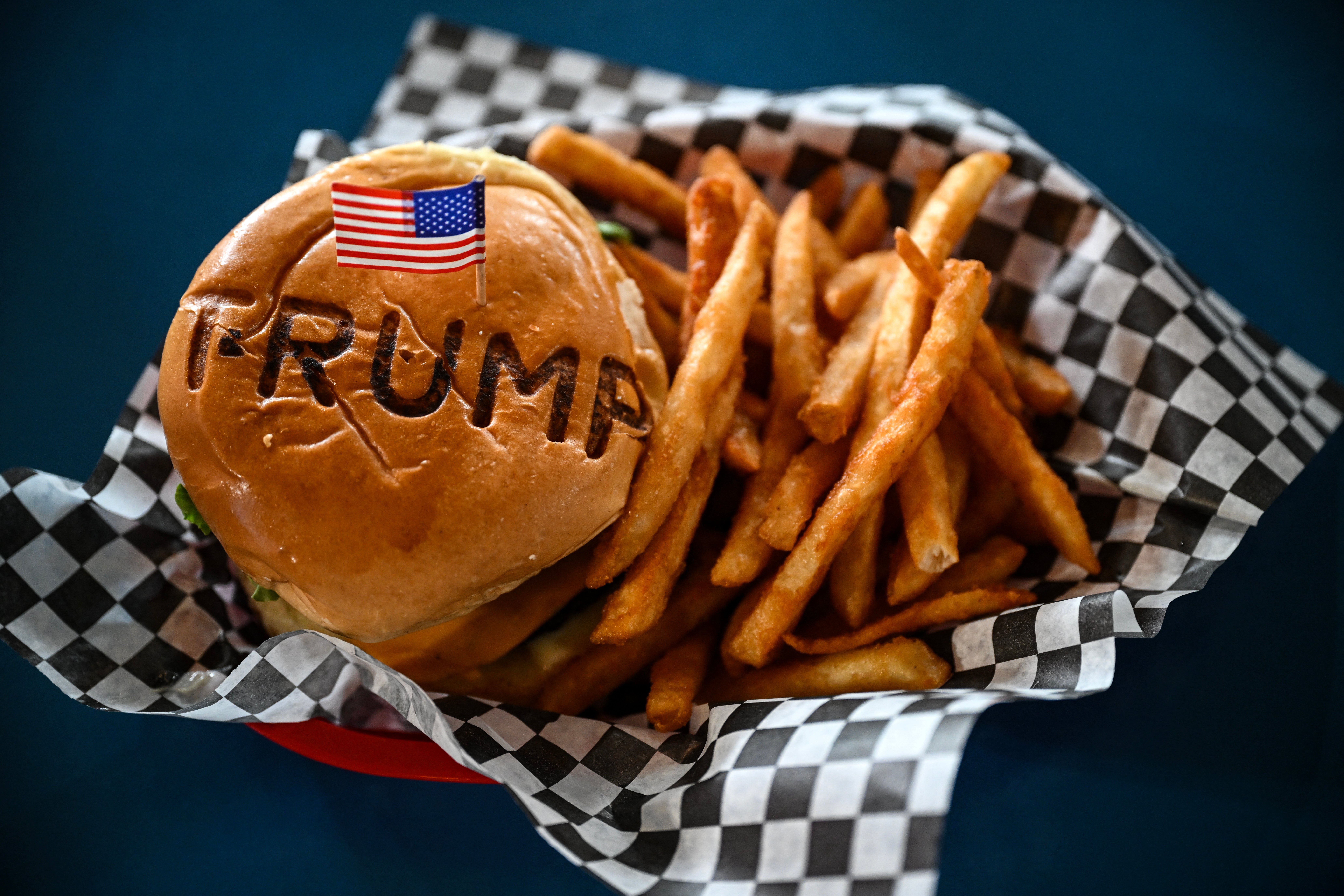 A burger on show at a Trump Burger restaurant in Bellville, Texas