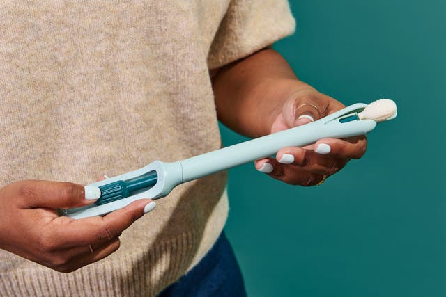 <p>This photo provided by Teal Health in May 2025 shows the company’s Teal Wand self-collection device for at-home cervical cancer screening. (Nicole Morrison/Teal Health via AP)</p>