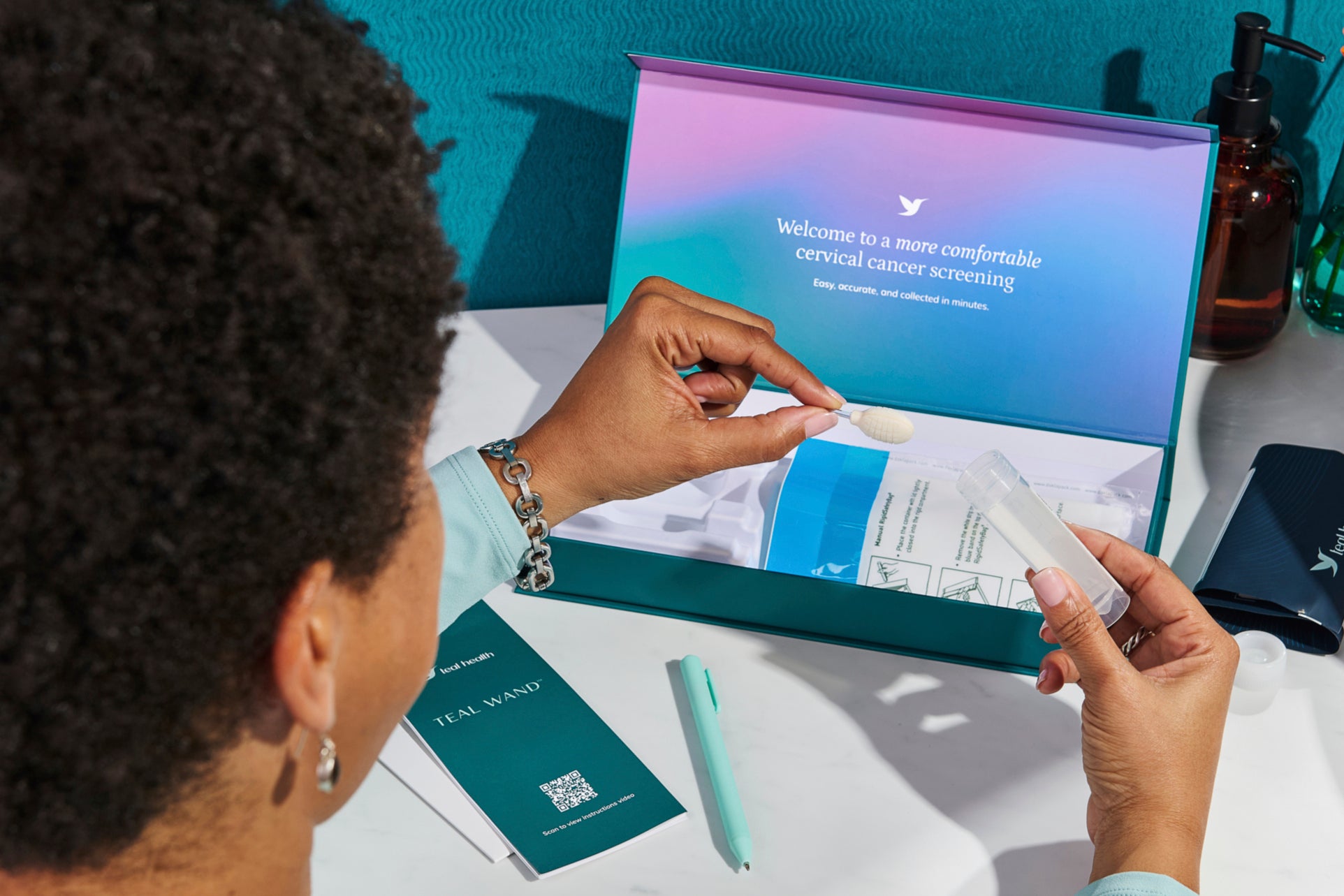 This photo provided by Teal Health in May 2025 shows the company’s Teal Wand self-collection kit for at-home cervical cancer screening. (Nicole Morrison/Teal Health via AP)